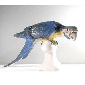 Large 16" Royal Dux Parrot Figurine, Blue Macaw Bohemian hand painted porcelain